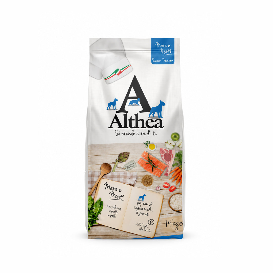 Althea Mare e Monti - Cibo secco per cani adulti di taglia grande, con manzo, pollo, agnello e salmone - 14 kg
