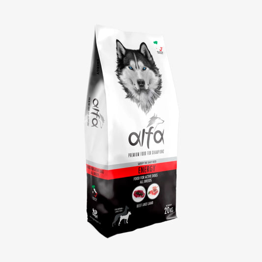 Alfa Energy - Cibo secco adatto al mantenimento di cani adulti di tutte le razze, con fabbisogno energetico elevato - 20 kg