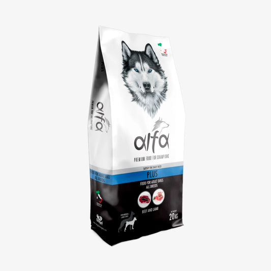 Alfa Plus - Cibo secco adatto al mantenimento di cani adulti di tutte le razze, con fabbisogno energetico medio - 20 kg