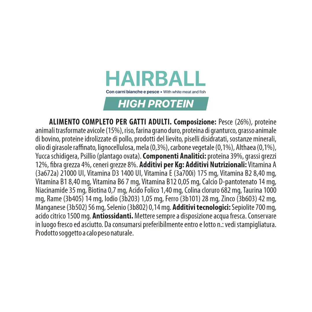 Althea gatto Hairball - con carni bianche e pesce, alimento secco super premium adatto per rimozione naturale dei boli di pelo - 400 gr