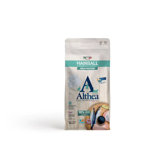Althea gatto Hairball - con carni bianche e pesce, alimento secco super premium adatto per rimozione naturale dei boli di pelo - 5 kg