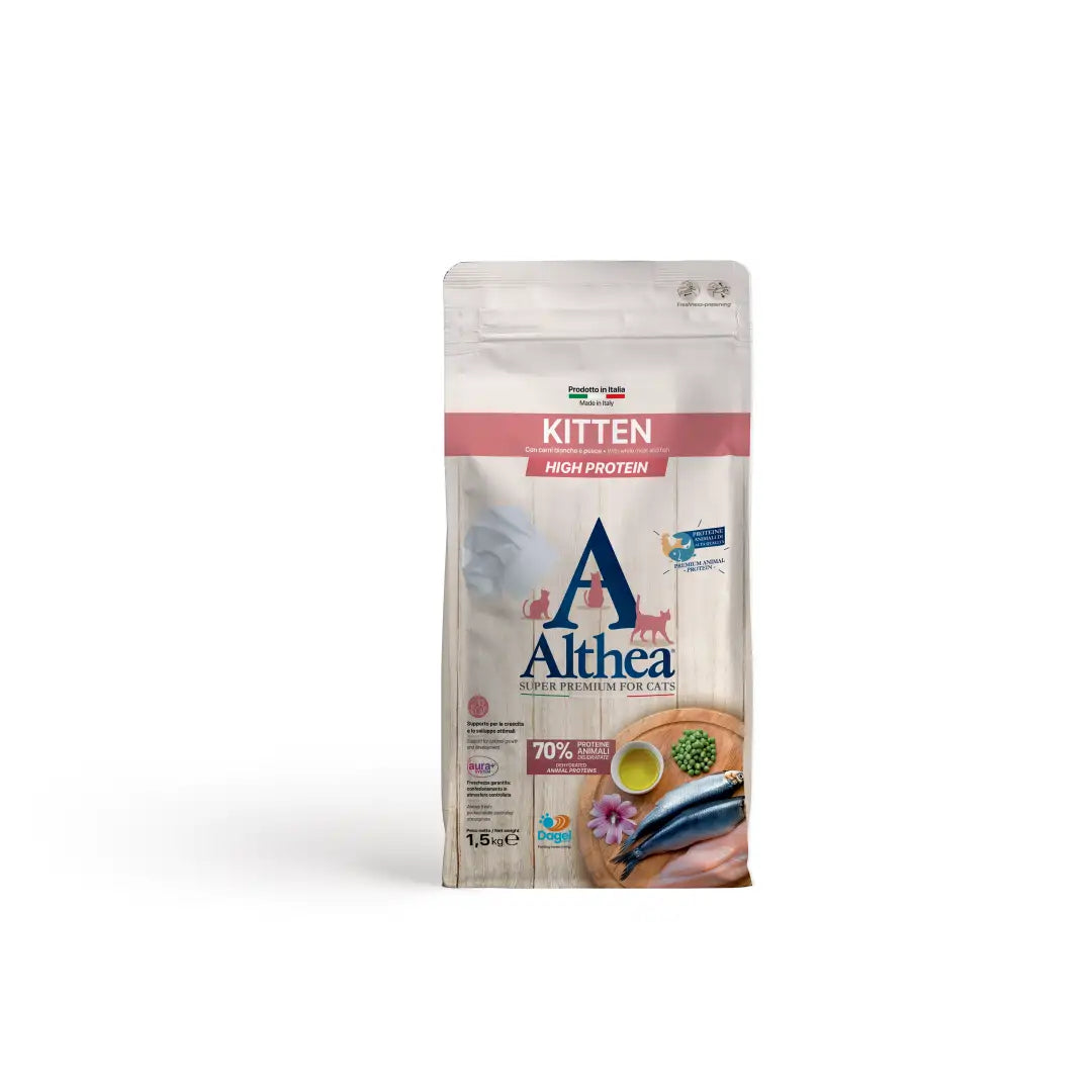 Althea Kitten - con Con carni bianche e pesce, alimento secco super premium adatto per l'accrescimento di gattini - 1,5 kg
