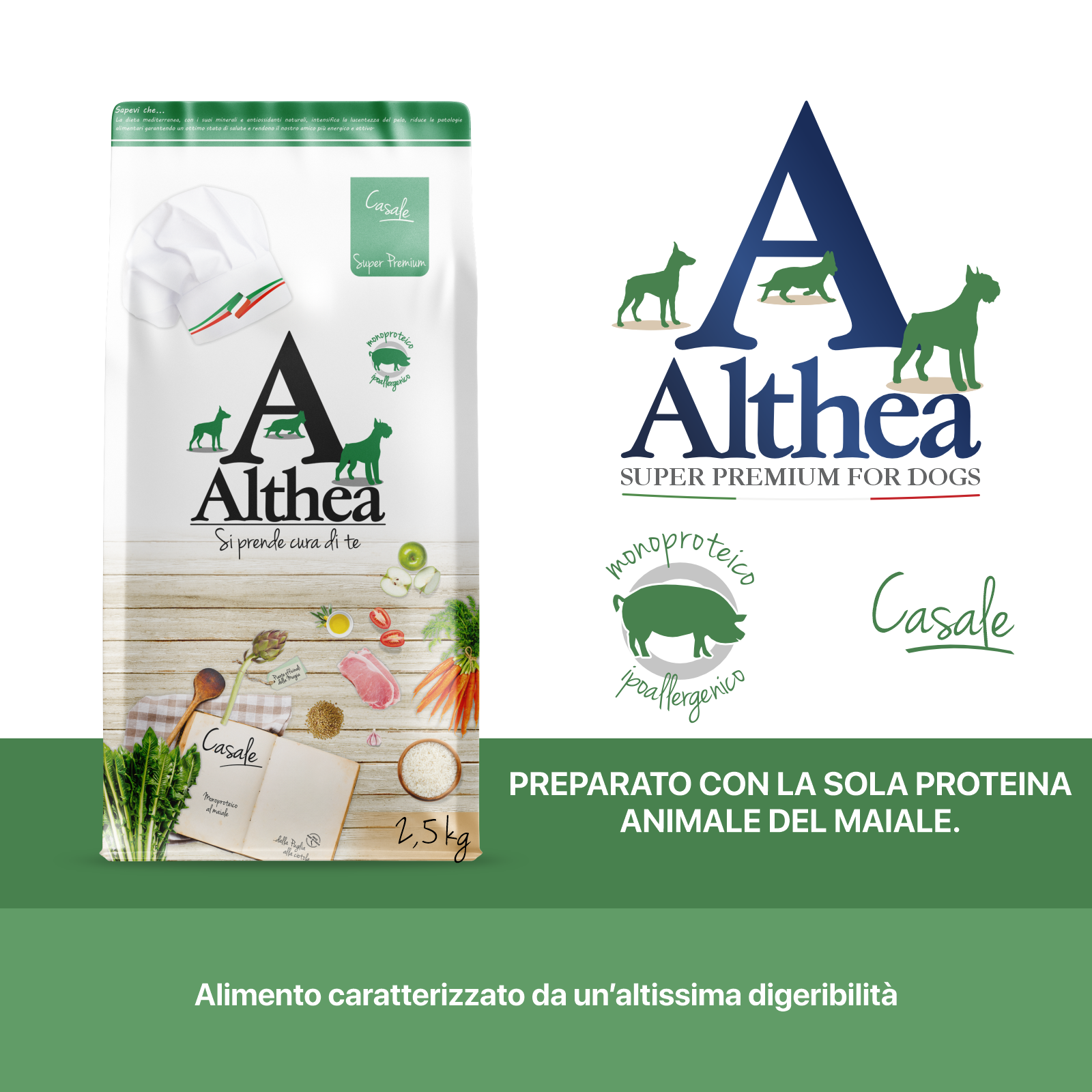 Althea Casale - Monoproteico al Maiale, cibo secco per cani adulti di taglia media - 2,5 kg