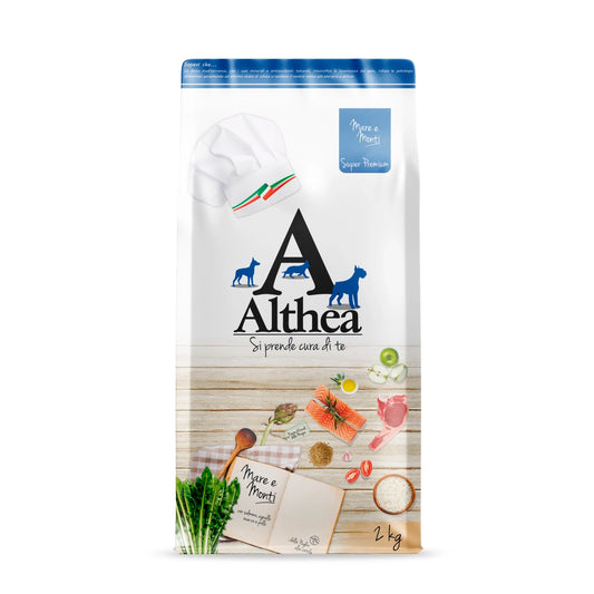 Althea Mare e Monti Mini - Cibo secco per cani adulti di taglia piccola, con manzo, pollo, agnello e salmone - 2 kg