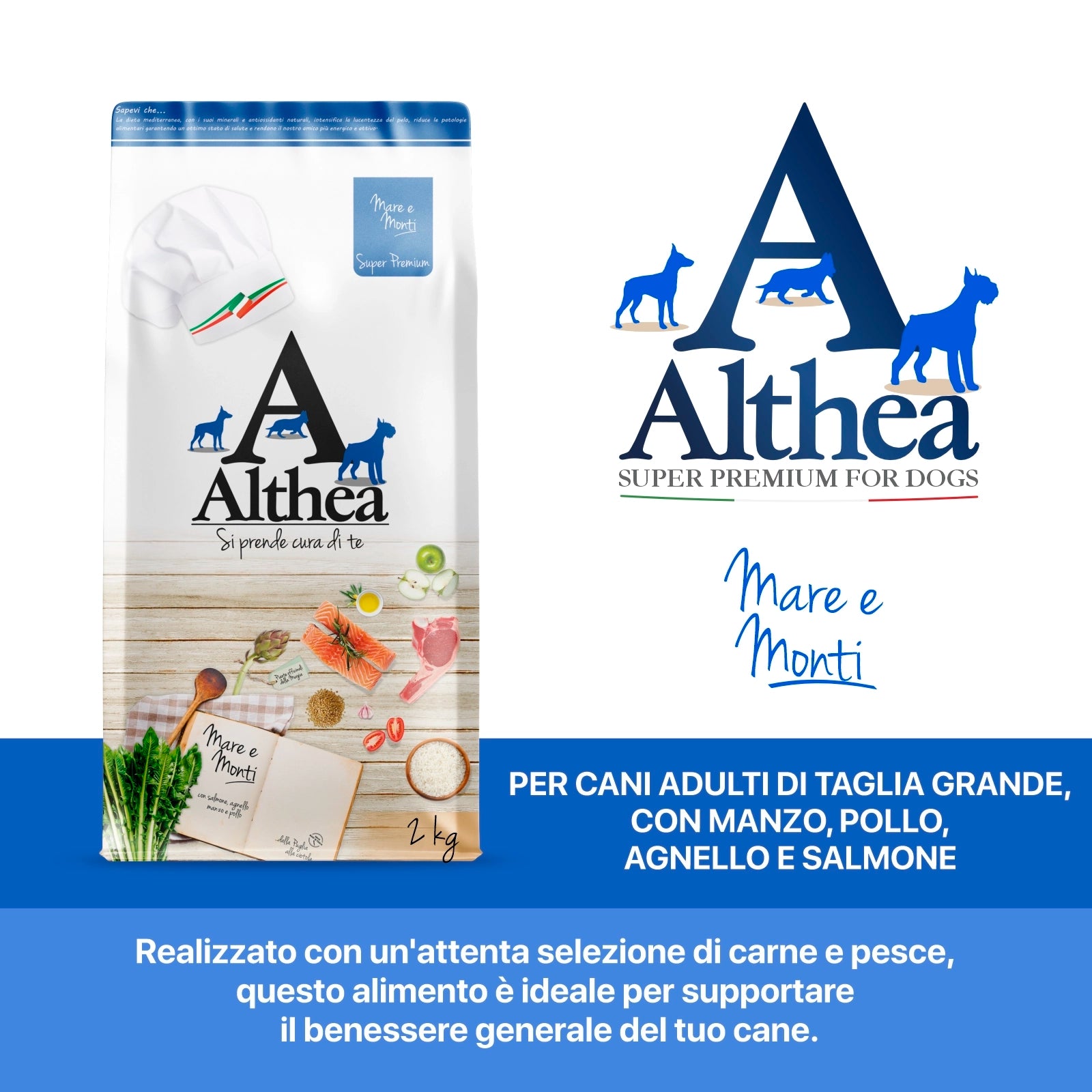Althea Mare e Monti Mini - Cibo secco per cani adulti di taglia piccola, con manzo, pollo, agnello e salmone - 2 kg