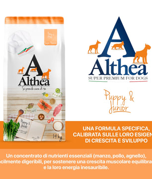Althea Puppy e Junior - Cibo secco per cuccioli di taglia grande, con manzo, pollo, agnello e salmone - 14 kg