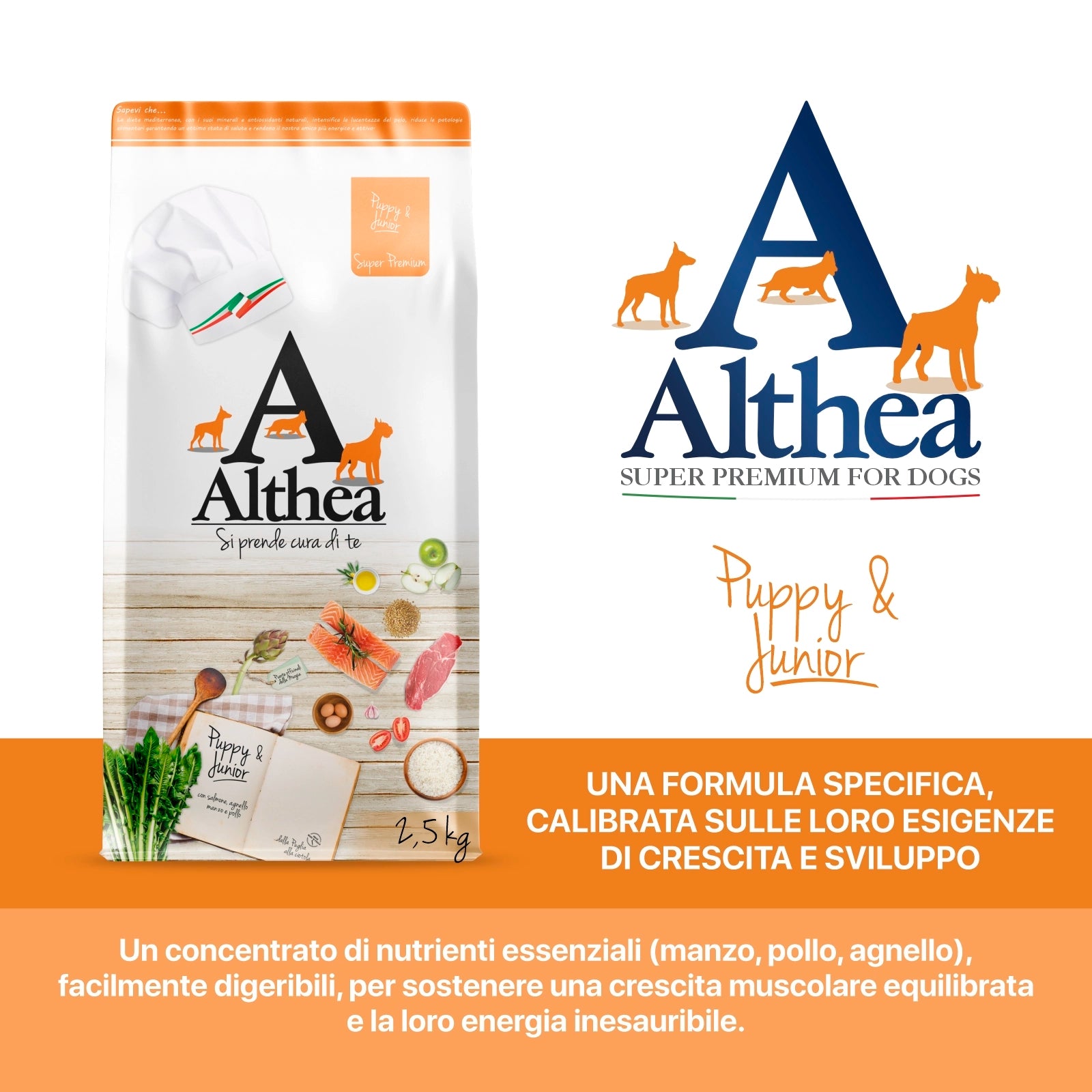 Althea Puppy e Junior - Alimento completo per cuccioli di taglia media, con manzo, pollo, agnello e salmone - 2,5 kg